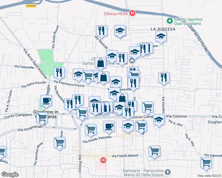 map of restaurants, bars, coffee shops, grocery stores, and more near 3 Vico Gelso in Giugliano in Campania