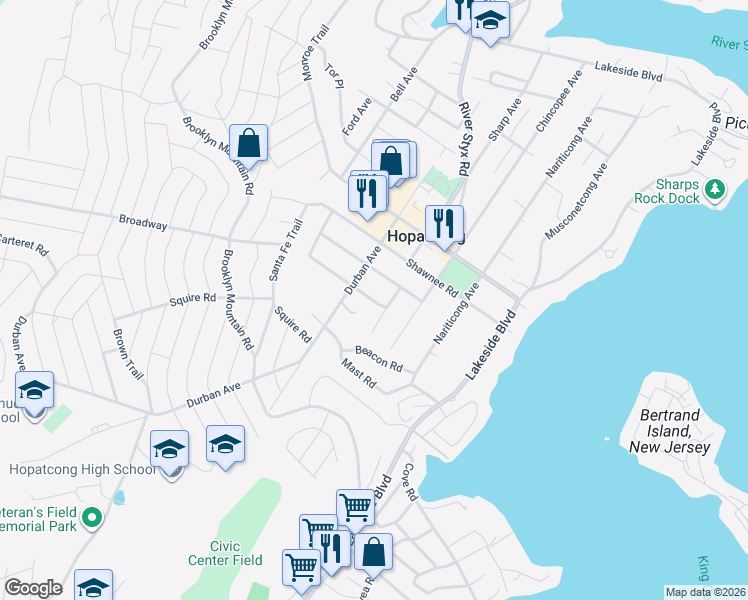 map of restaurants, bars, coffee shops, grocery stores, and more near 7 Pahaquarry Road in Hopatcong