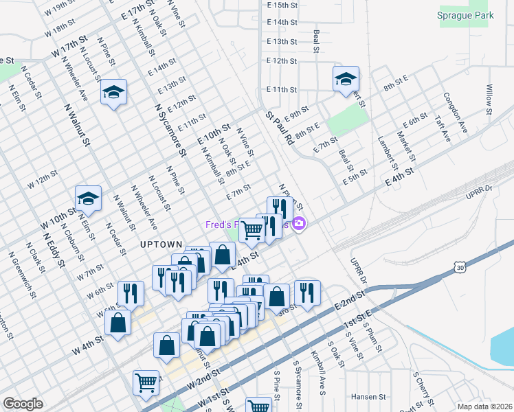 map of restaurants, bars, coffee shops, grocery stores, and more near 601 North Oak Street in Grand Island