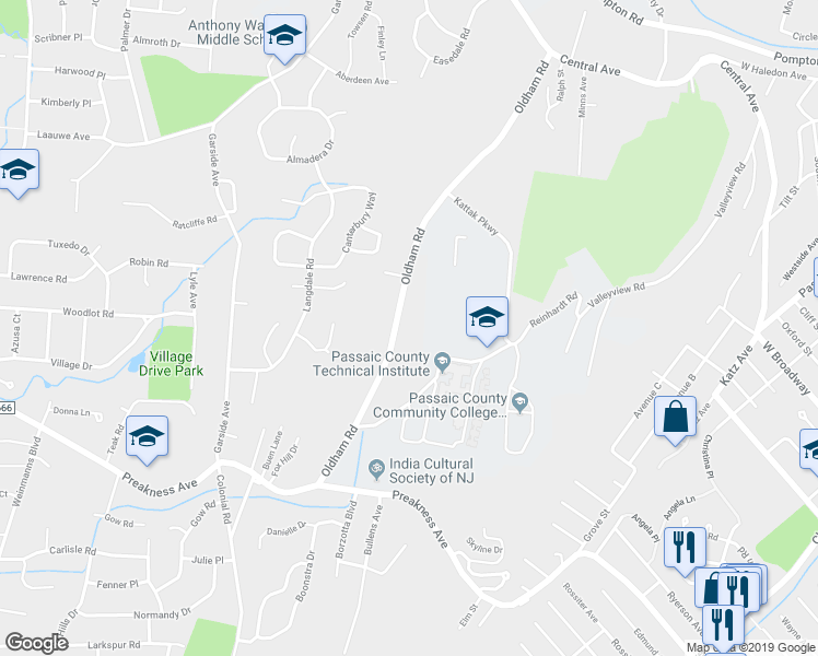 map of restaurants, bars, coffee shops, grocery stores, and more near 154 Oldham Road in Wayne