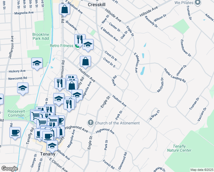 map of restaurants, bars, coffee shops, grocery stores, and more near 131 Hudson Avenue in Tenafly