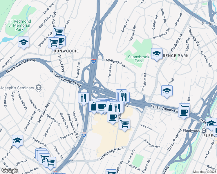 map of restaurants, bars, coffee shops, grocery stores, and more near 54 Dewey Avenue in Bronxville