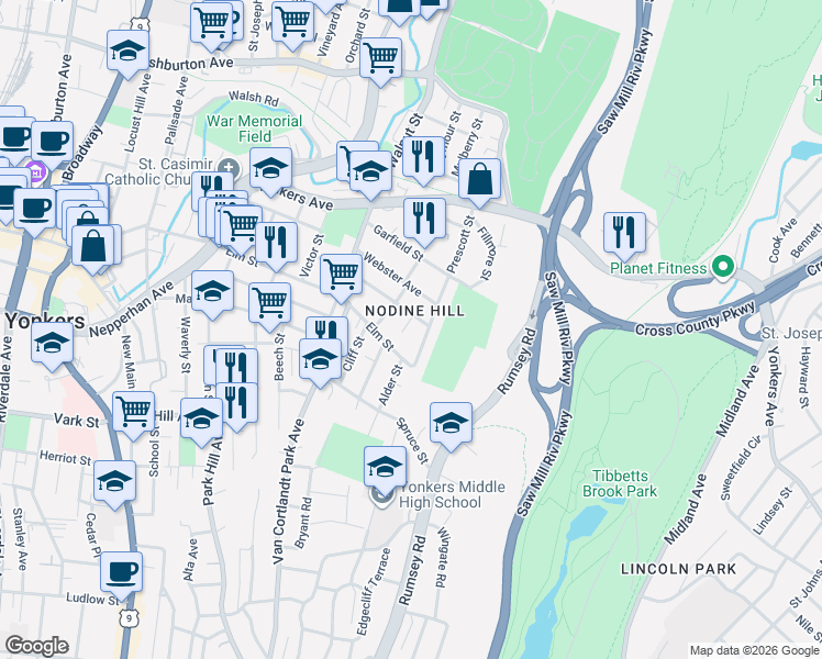 map of restaurants, bars, coffee shops, grocery stores, and more near 323 Prescott Street in Yonkers