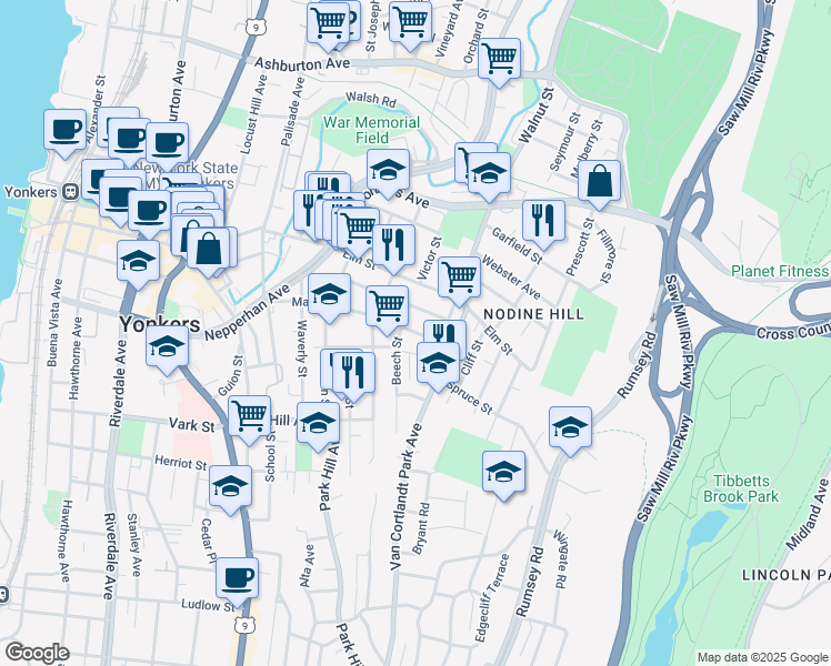 map of restaurants, bars, coffee shops, grocery stores, and more near 102 Ash Street in Yonkers