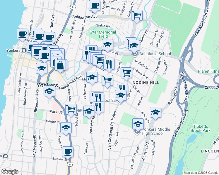 map of restaurants, bars, coffee shops, grocery stores, and more near 75 Maple Street in Yonkers