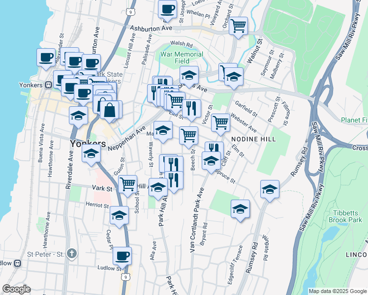 map of restaurants, bars, coffee shops, grocery stores, and more near 75 Maple Street in Yonkers