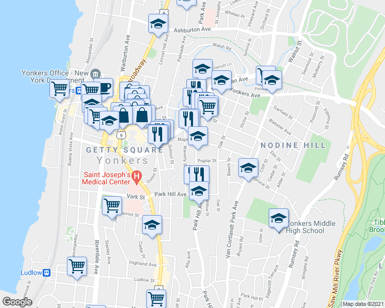 map of restaurants, bars, coffee shops, grocery stores, and more near 113 Linden Street in Yonkers