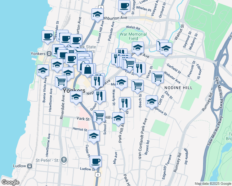 map of restaurants, bars, coffee shops, grocery stores, and more near 113 Linden Street in Yonkers