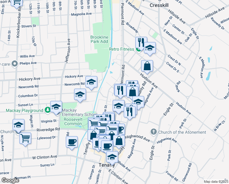 map of restaurants, bars, coffee shops, grocery stores, and more near 57 West Mahan Street in Tenafly