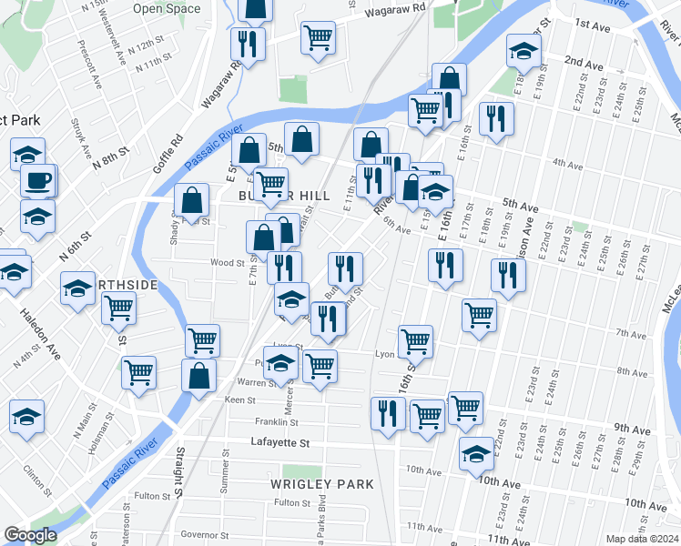 map of restaurants, bars, coffee shops, grocery stores, and more near 519 River Street in Paterson