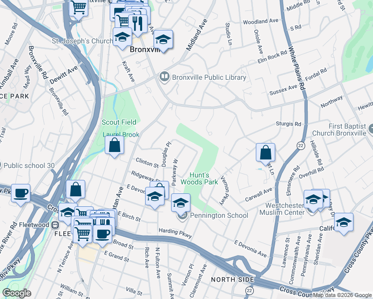 map of restaurants, bars, coffee shops, grocery stores, and more near 206 Douglas Place in Mount Vernon