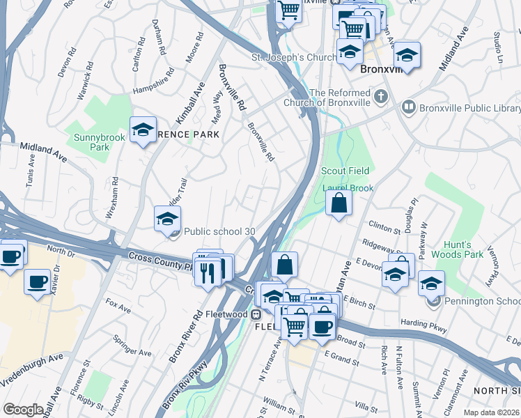 map of restaurants, bars, coffee shops, grocery stores, and more near 1 Bronxville Road in Yonkers