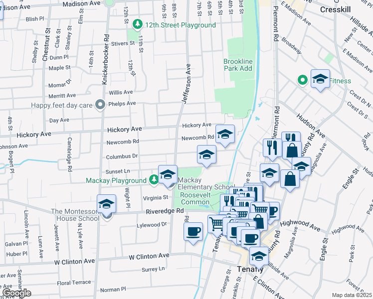 map of restaurants, bars, coffee shops, grocery stores, and more near 87 Columbus Drive in Tenafly