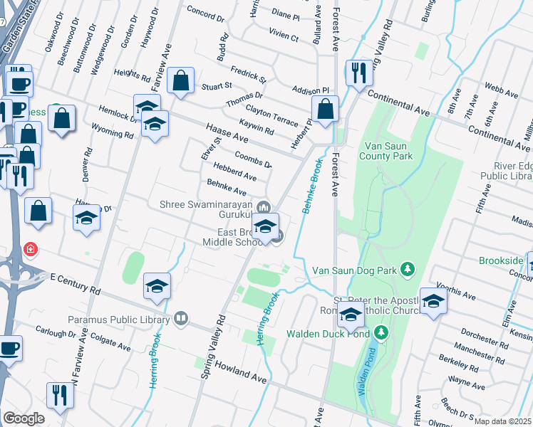 map of restaurants, bars, coffee shops, grocery stores, and more near 209 Spring Valley Rd in Paramus