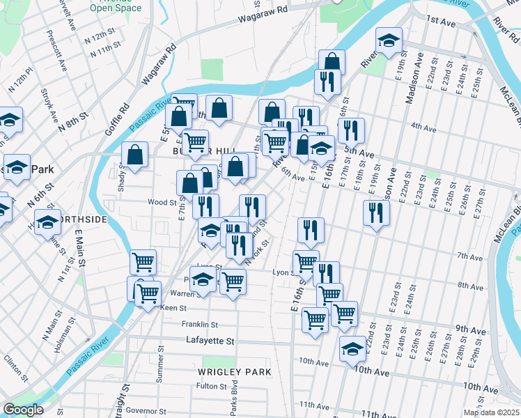 map of restaurants, bars, coffee shops, grocery stores, and more near 77 Butler Street in Paterson