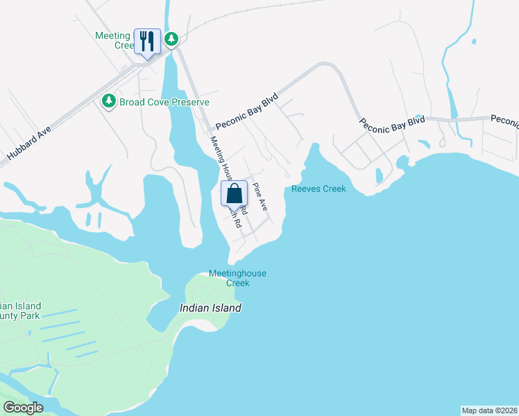 map of restaurants, bars, coffee shops, grocery stores, and more near 45 Pine Avenue in Riverhead