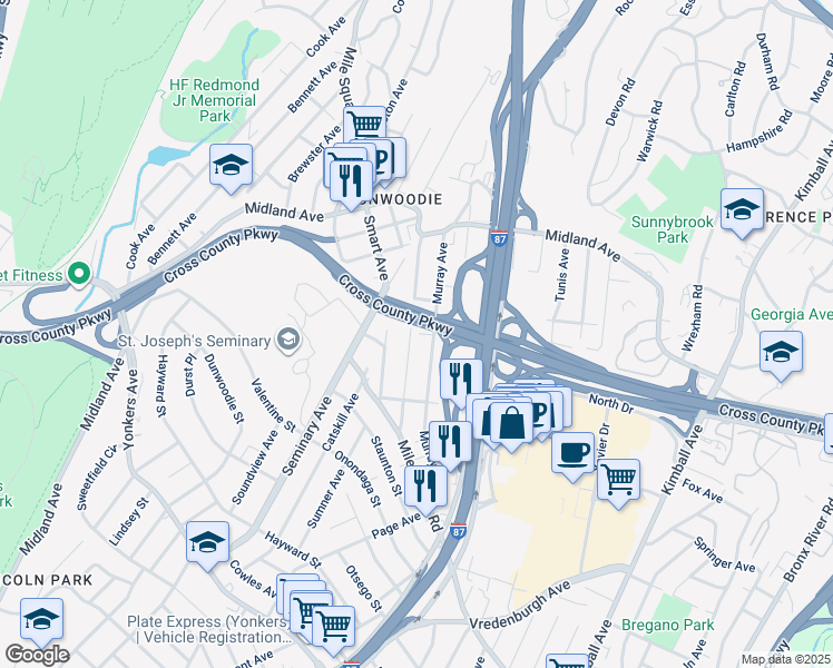map of restaurants, bars, coffee shops, grocery stores, and more near 82 Mansion Avenue in Yonkers