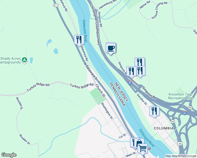 map of restaurants, bars, coffee shops, grocery stores, and more near 4097 North Delaware Drive in Mount Bethel