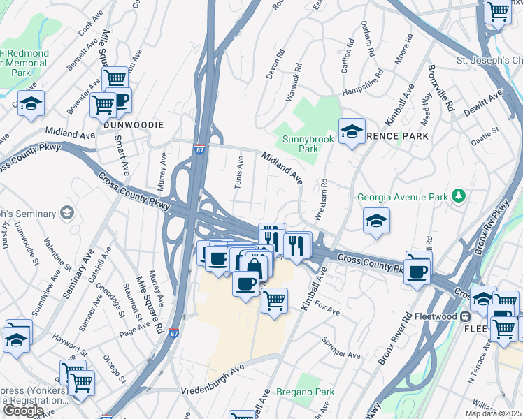 map of restaurants, bars, coffee shops, grocery stores, and more near 1 Dewey Avenue in Yonkers