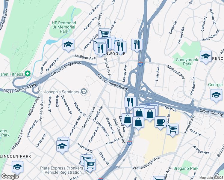 map of restaurants, bars, coffee shops, grocery stores, and more near 87 Mansion Avenue in Yonkers