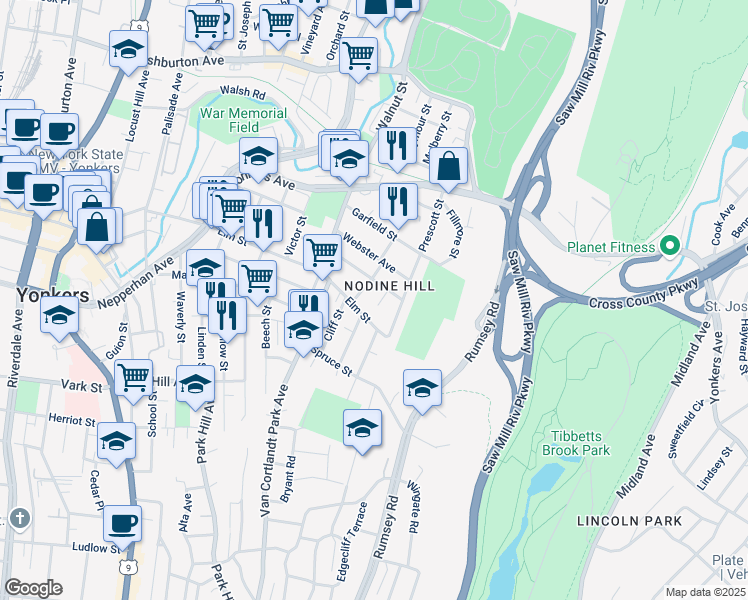 map of restaurants, bars, coffee shops, grocery stores, and more near 16 William Street in Yonkers
