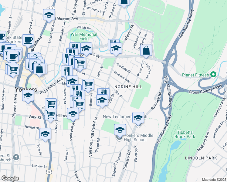 map of restaurants, bars, coffee shops, grocery stores, and more near 4 Van Cortlandt Park Avenue in Yonkers