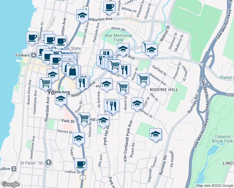 map of restaurants, bars, coffee shops, grocery stores, and more near 44 Maple Street in Yonkers