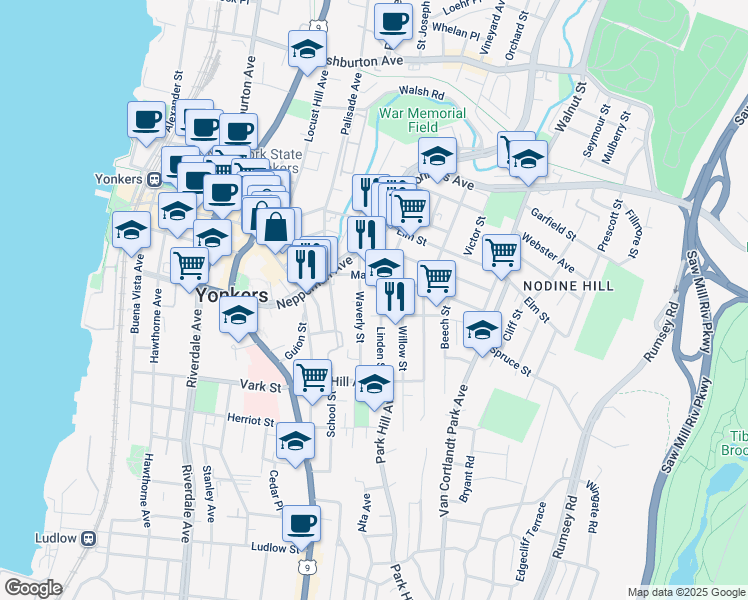 map of restaurants, bars, coffee shops, grocery stores, and more near 113 Linden Street in Yonkers