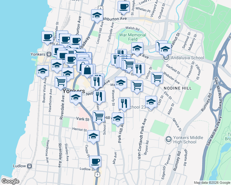 map of restaurants, bars, coffee shops, grocery stores, and more near 113 Linden Street in Yonkers