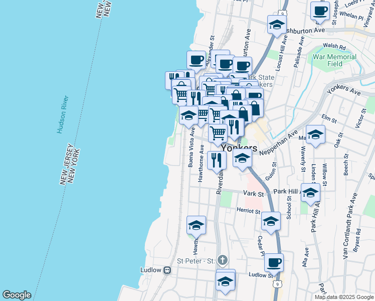 map of restaurants, bars, coffee shops, grocery stores, and more near 95 Buena Vista Avenue in Yonkers