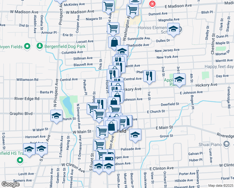 map of restaurants, bars, coffee shops, grocery stores, and more near 16 Hickory Avenue in Bergenfield