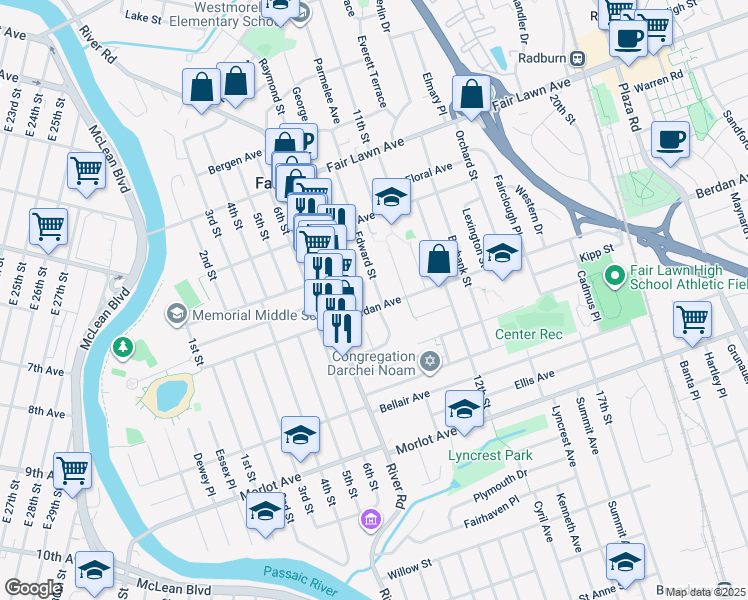 map of restaurants, bars, coffee shops, grocery stores, and more near 12-13 Edward Street in Fair Lawn