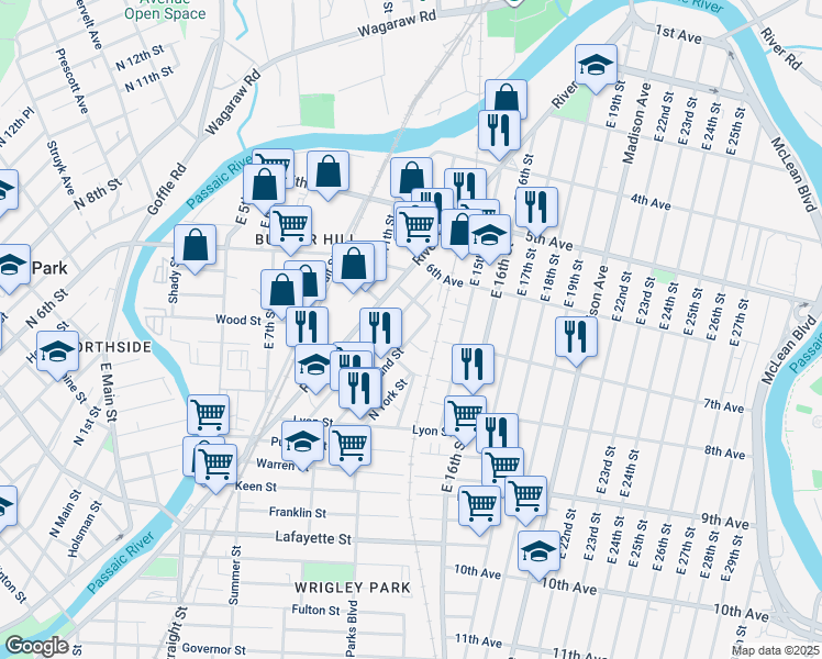 map of restaurants, bars, coffee shops, grocery stores, and more near 77 Butler Street in Paterson