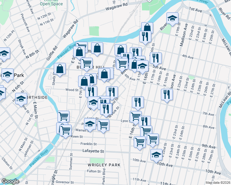 map of restaurants, bars, coffee shops, grocery stores, and more near 77 Butler Street in Paterson