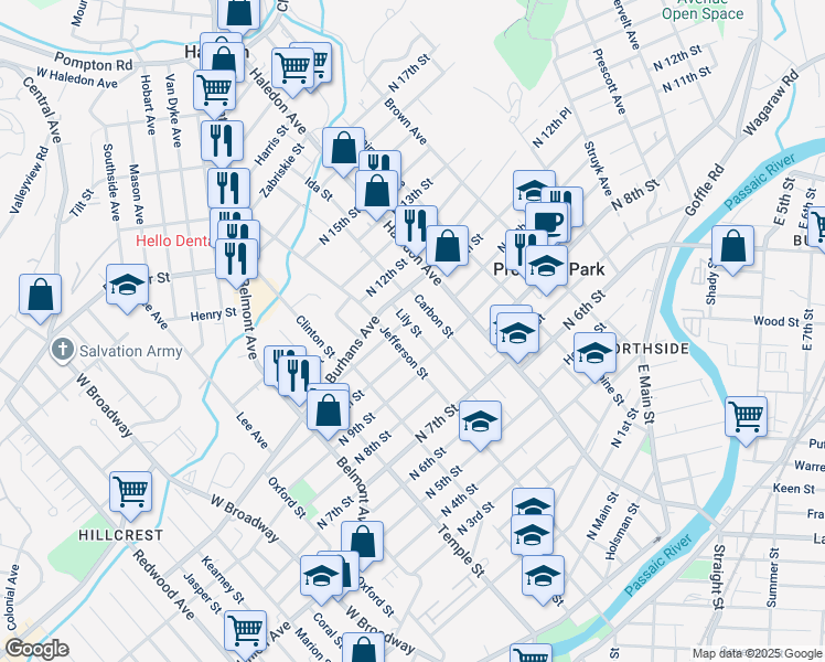 map of restaurants, bars, coffee shops, grocery stores, and more near 117 North 11th Street in Paterson