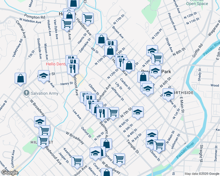 map of restaurants, bars, coffee shops, grocery stores, and more near 281 Burhans Avenue in Haledon