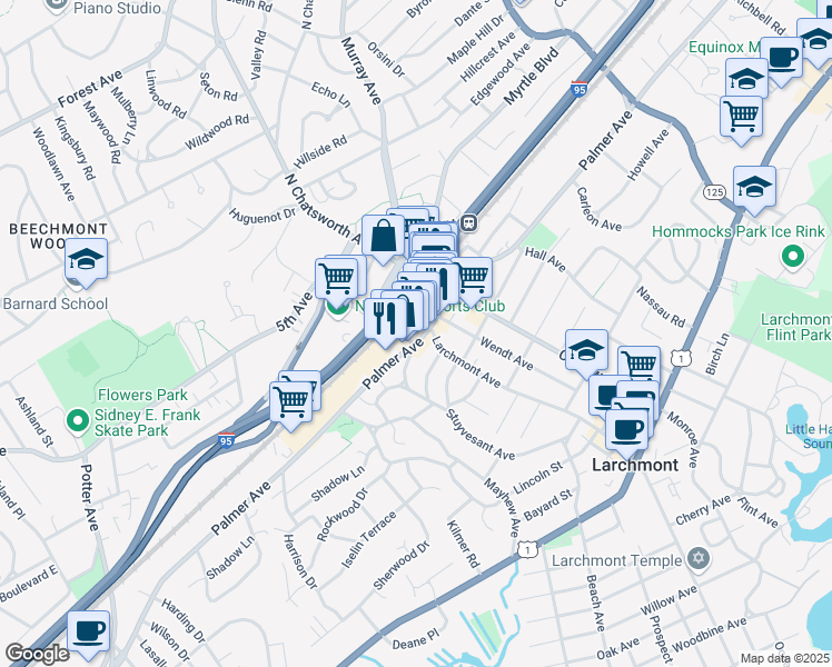 map of restaurants, bars, coffee shops, grocery stores, and more near 8 East Avenue in Larchmont