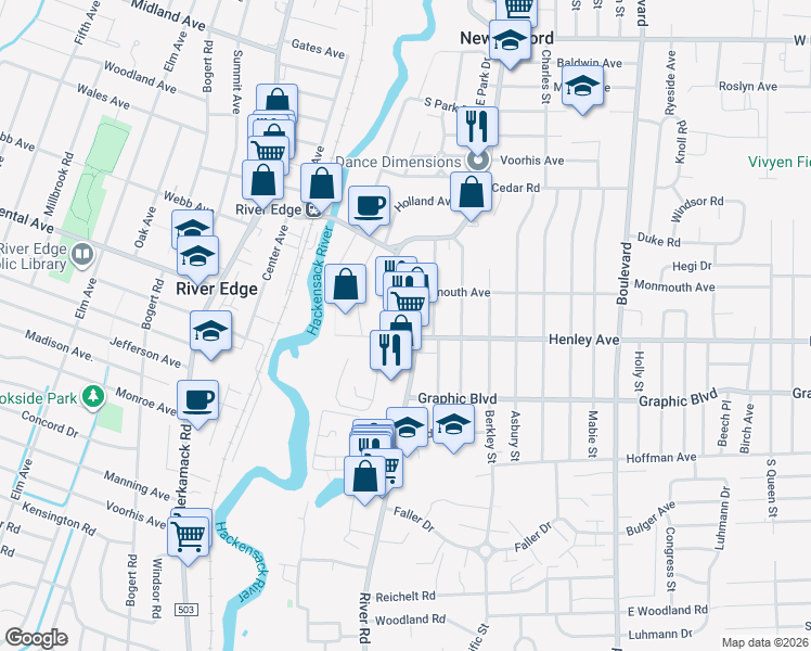 map of restaurants, bars, coffee shops, grocery stores, and more near in New Milford