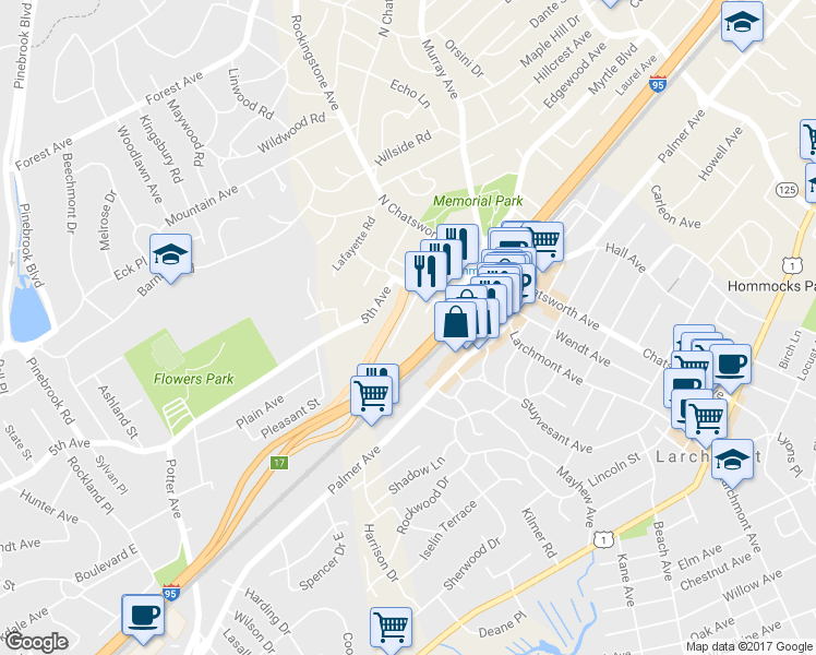 map of restaurants, bars, coffee shops, grocery stores, and more near 29 Maxwell Avenue in Larchmont