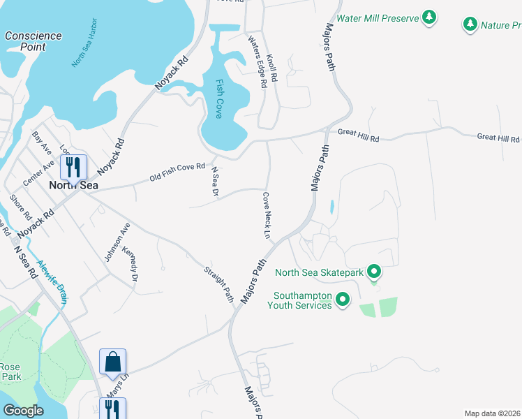 map of restaurants, bars, coffee shops, grocery stores, and more near 17 Cove Neck Lane in Southampton