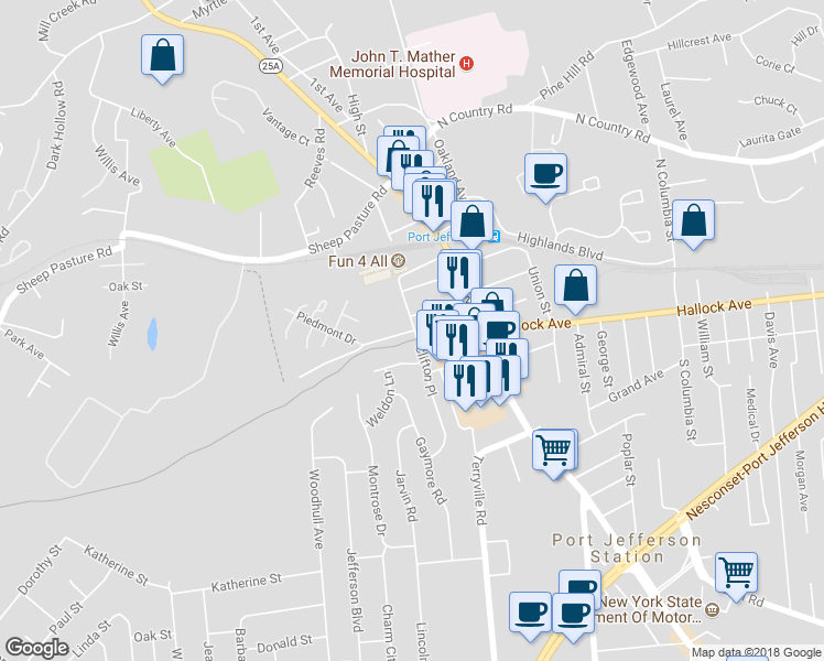 map of restaurants, bars, coffee shops, grocery stores, and more near 57 Piedmont Drive in Port Jefferson Station
