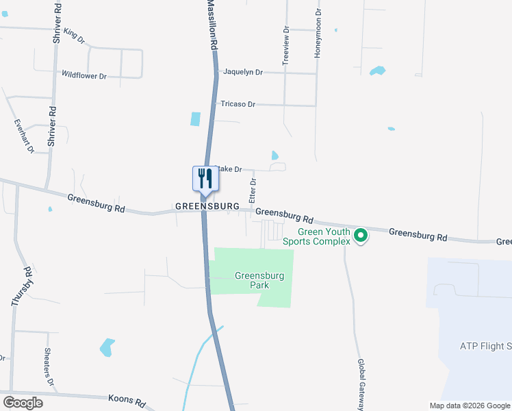 map of restaurants, bars, coffee shops, grocery stores, and more near 4800 Etter Drive in North Canton