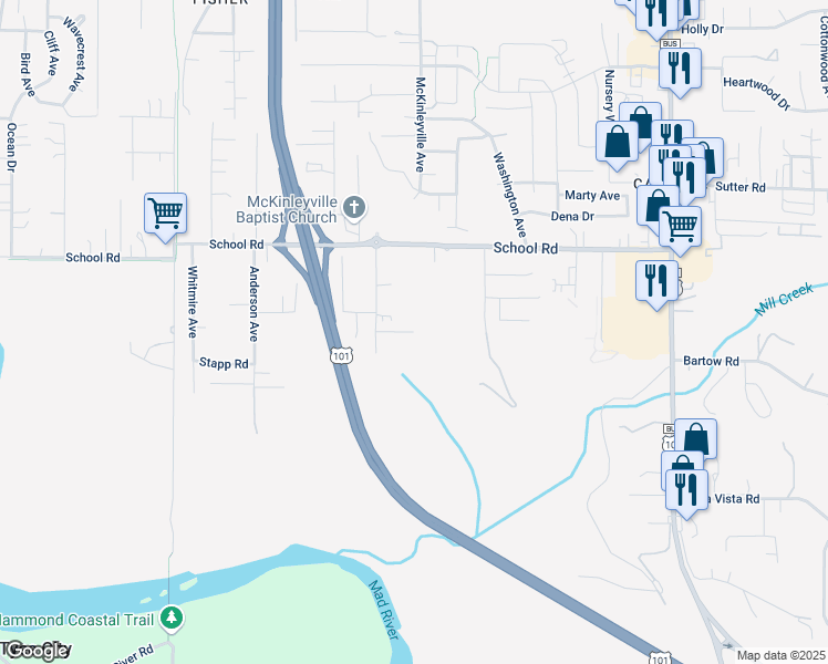 map of restaurants, bars, coffee shops, grocery stores, and more near Greenacres Road in McKinleyville