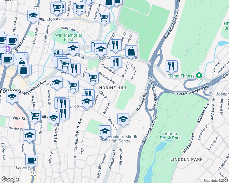 map of restaurants, bars, coffee shops, grocery stores, and more near 323 Prescott Street in Yonkers