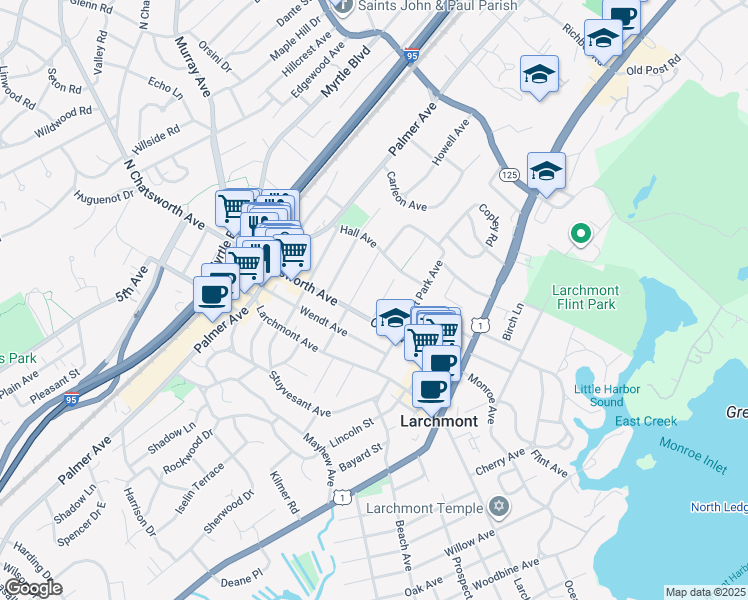 map of restaurants, bars, coffee shops, grocery stores, and more near 16 Roosevelt Avenue in Larchmont