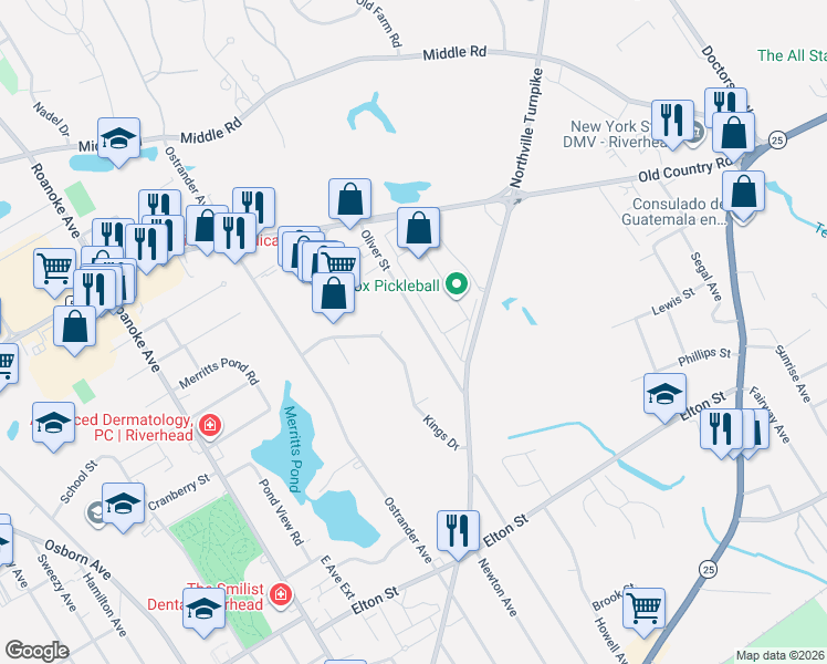 map of restaurants, bars, coffee shops, grocery stores, and more near 65 Oliver Street in Riverhead