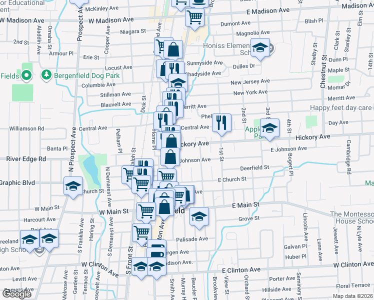 map of restaurants, bars, coffee shops, grocery stores, and more near 48 Hickory Avenue in Bergenfield