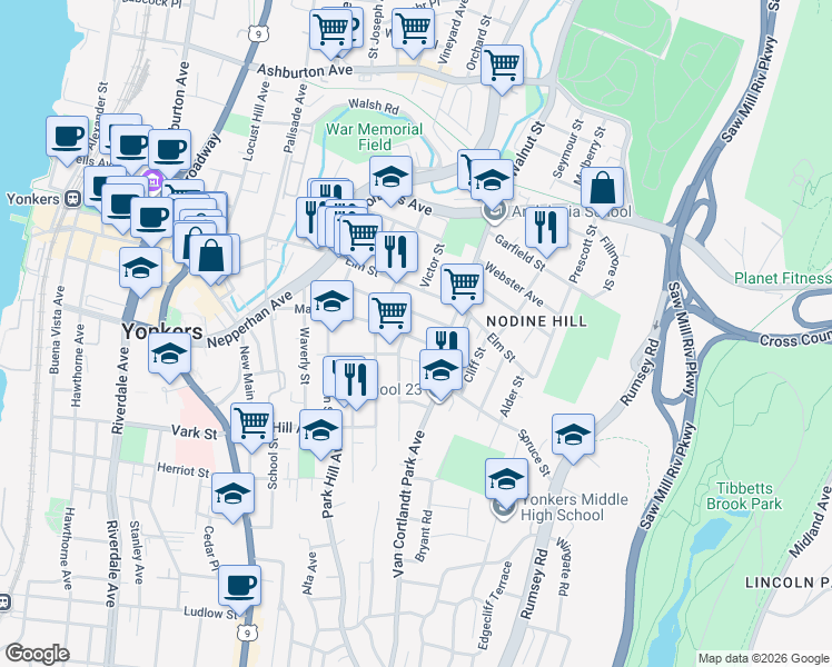 map of restaurants, bars, coffee shops, grocery stores, and more near 102 Ash Street in Yonkers