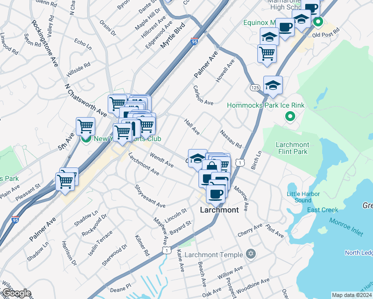 map of restaurants, bars, coffee shops, grocery stores, and more near 21 Summit Avenue in Larchmont