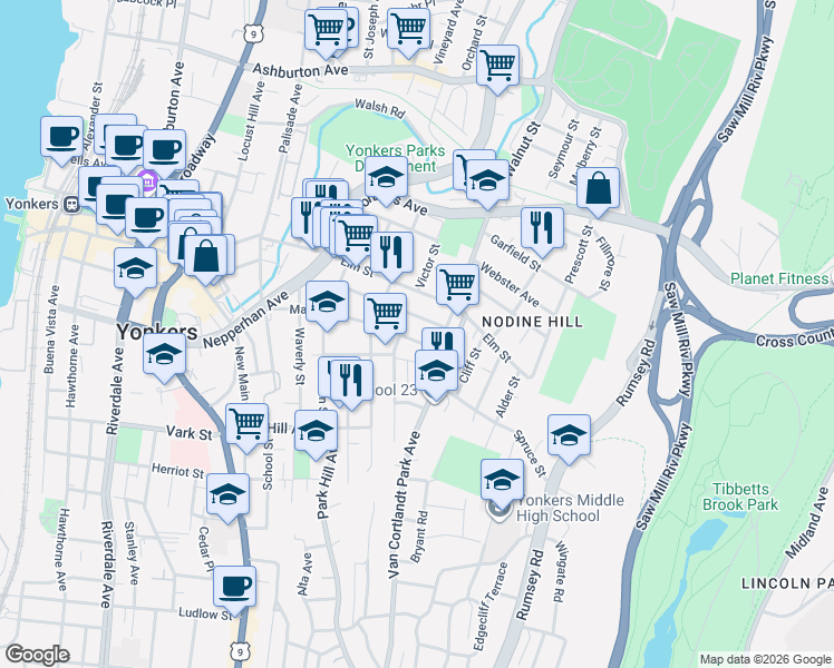 map of restaurants, bars, coffee shops, grocery stores, and more near 102 Ash Street in Yonkers